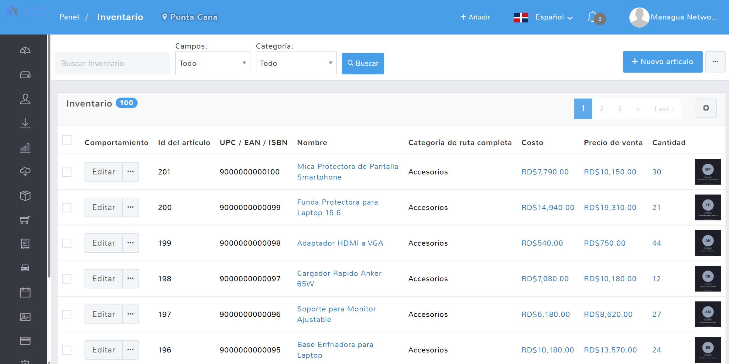 Pantalla de inventario con códigos de barra, categorías, costos, precios de venta y existencias por artículo